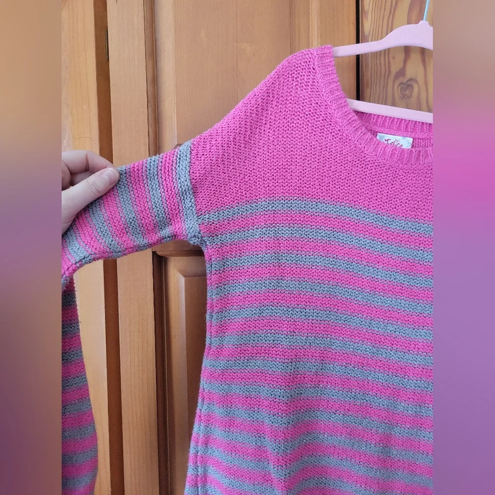 Girls Justice Knit Pink and Gray Striped Metallic Shimmer Sweater 10